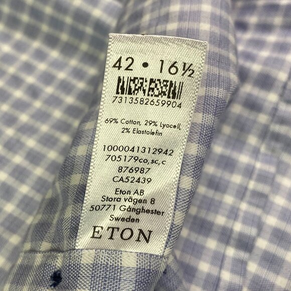 Eton Contemporary Shirt Men's 42 16.5 Button Up Front Lilac Blue Gingham Check - Picture 5 of 11